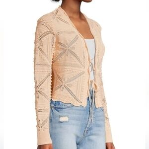 Rebecca Taylor Crochet Cotton Cardigan Ribbon Tie Blush